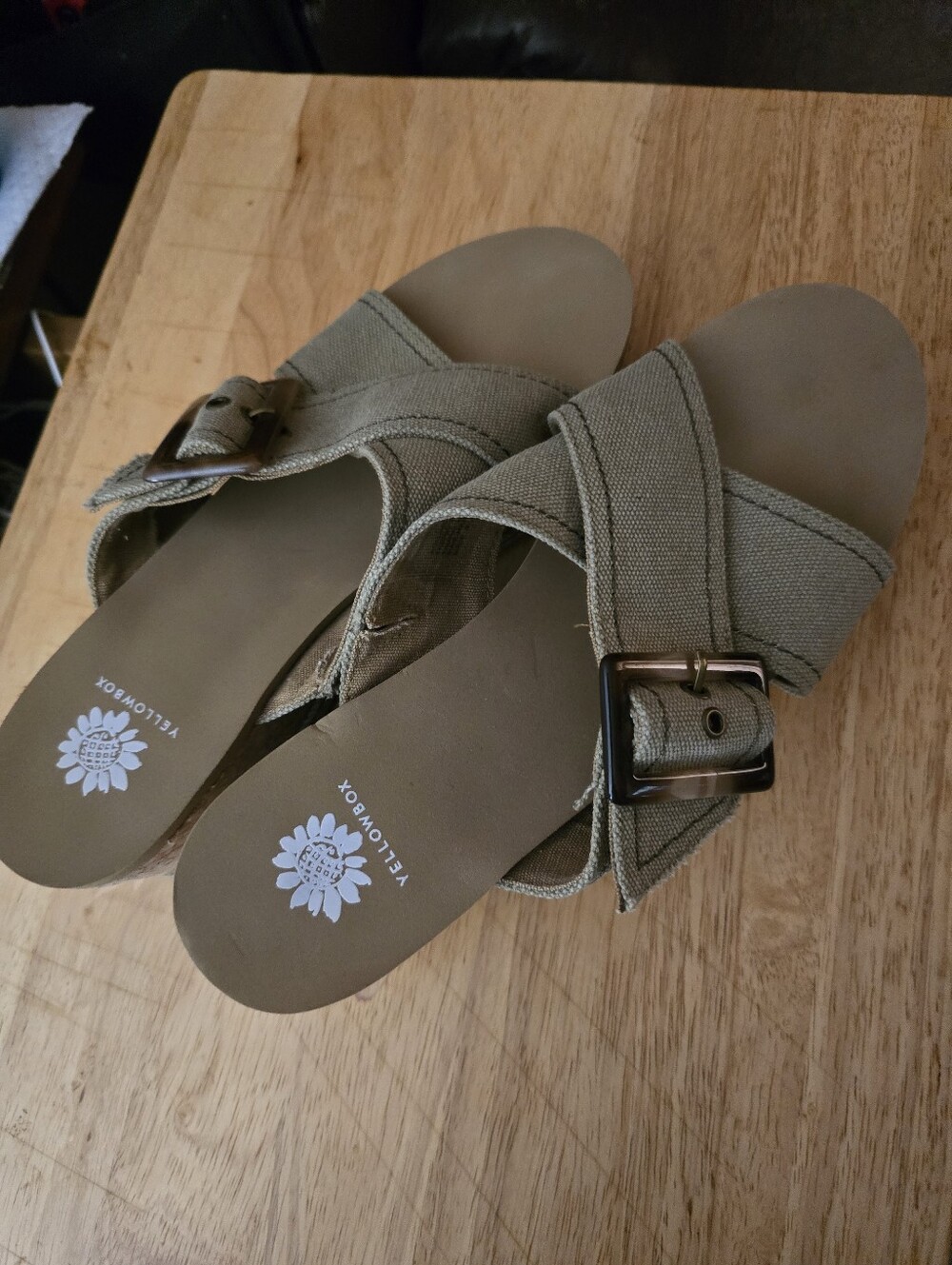Yellow Box Olive Canvas Buckle Slide Mules